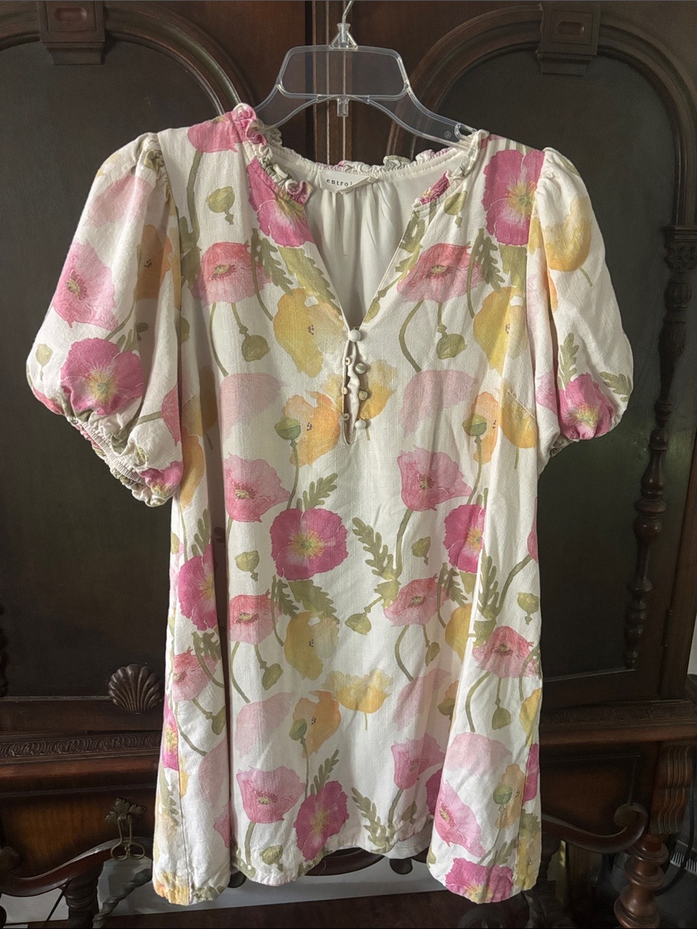 entro Floral Puff-Sleeve Mini Dress in Pink, Yellow & Cream